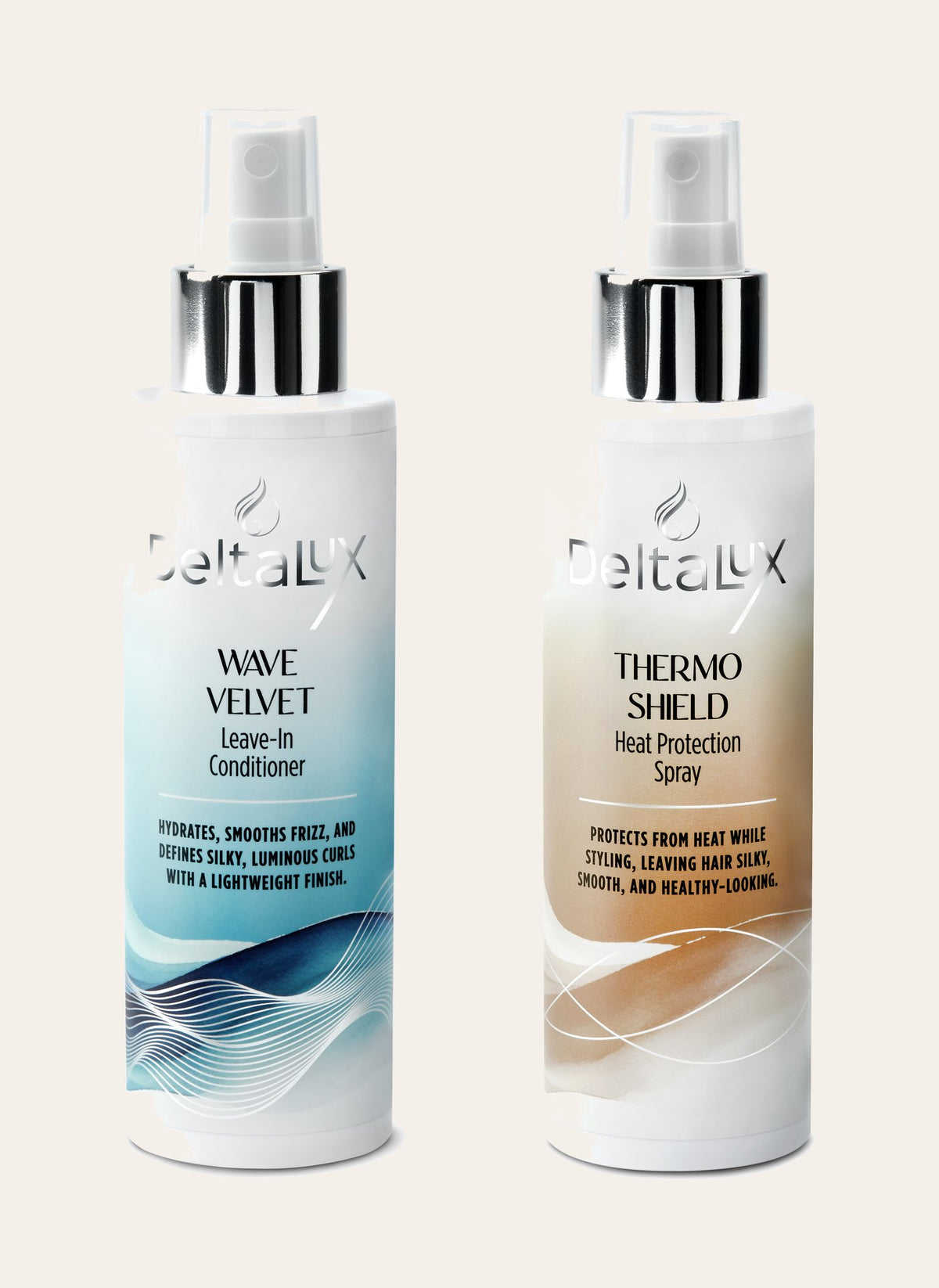 Deltalux Wave Velvet Leave-In Conditioner and Thermo Shield Heat Protection Spray, 150ml bottles side by side